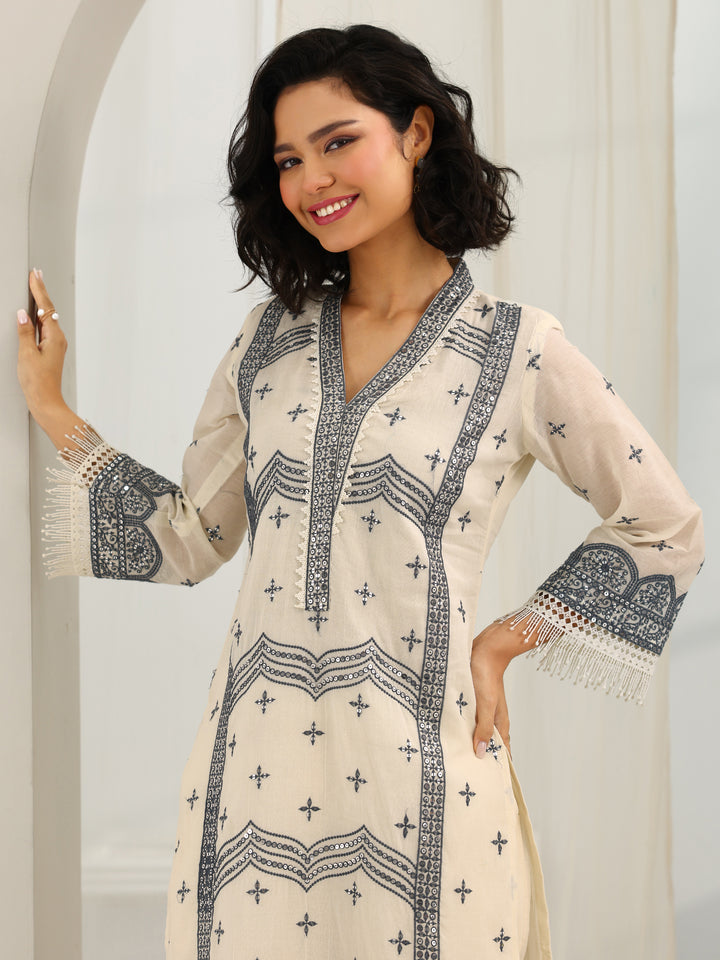 Off White Embroidered Cotton Straight Suit Set With Dupatta