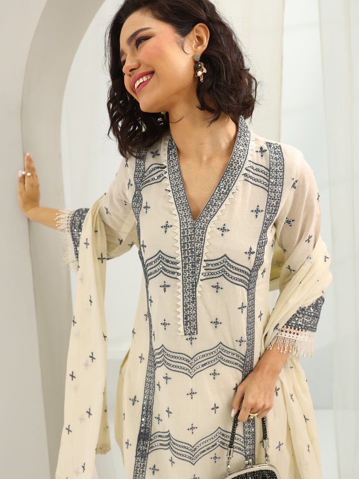 Off White Embroidered Cotton Straight Suit Set With Dupatta