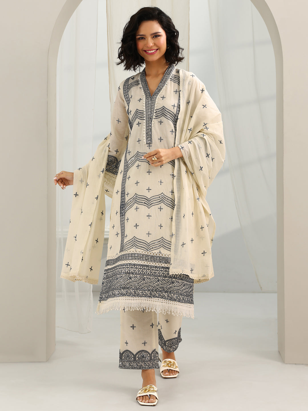 Off White Embroidered Cotton Straight Suit Set With Dupatta