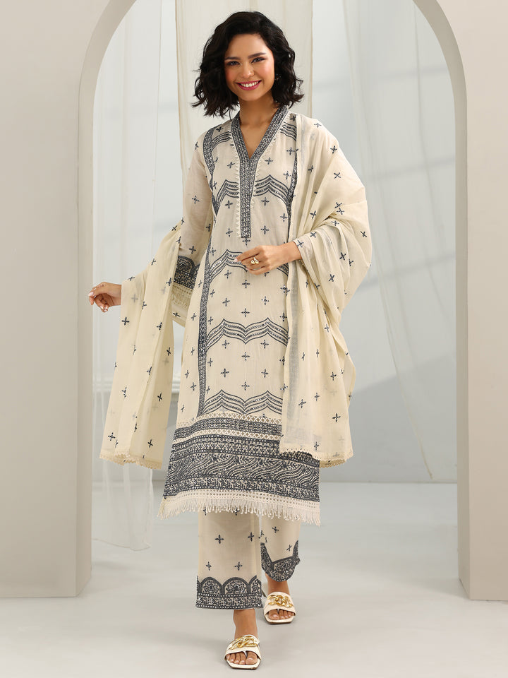 Off White Embroidered Cotton Straight Suit Set With Dupatta