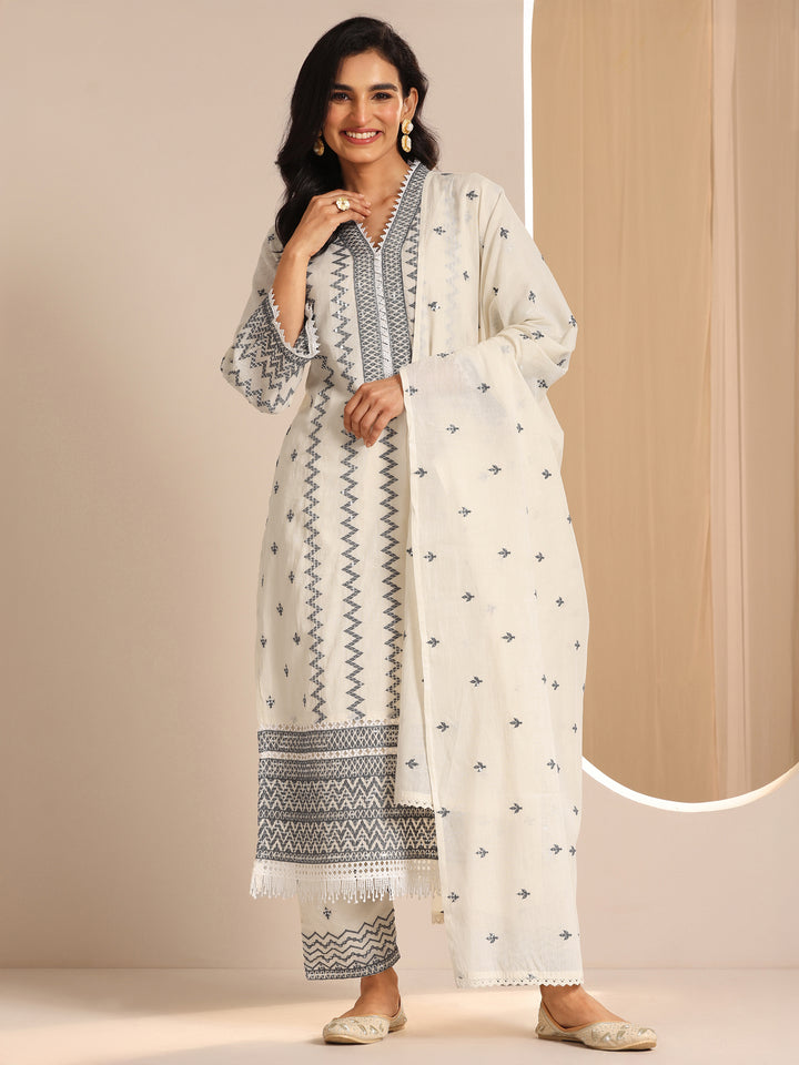 Off White Embroidered Cotton Straight Suit Set With Dupatta