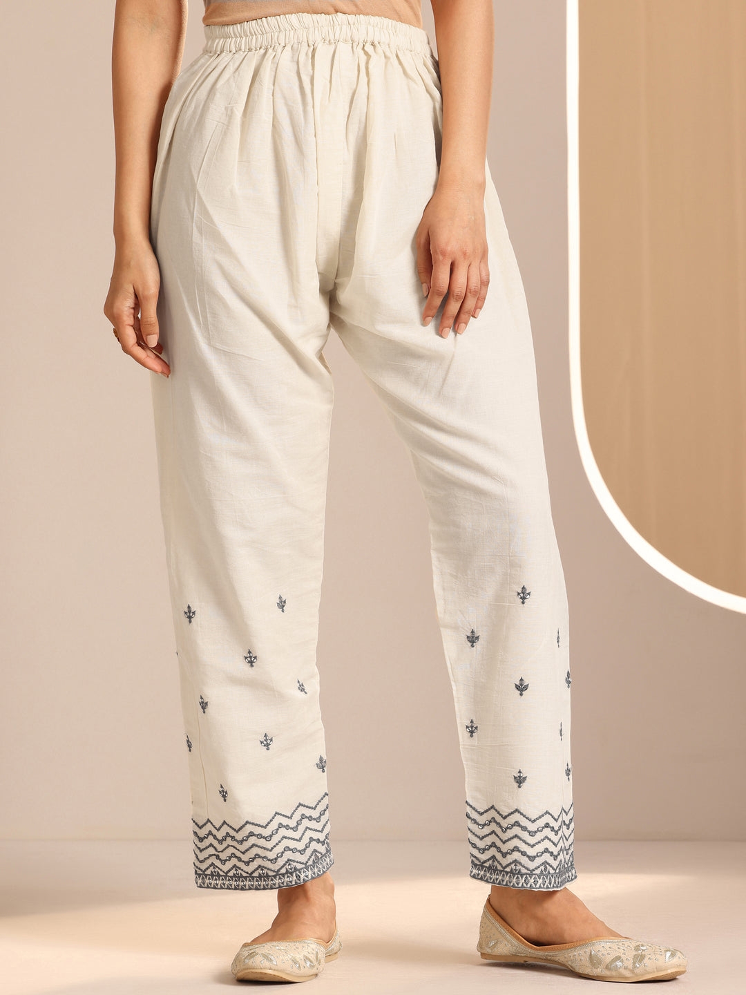 Off White Embroidered Cotton Straight Suit Set With Dupatta