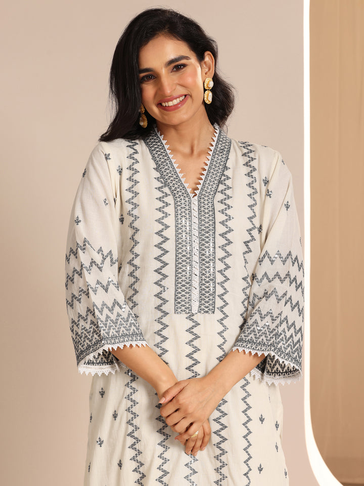 Off White Embroidered Cotton Straight Suit Set With Dupatta