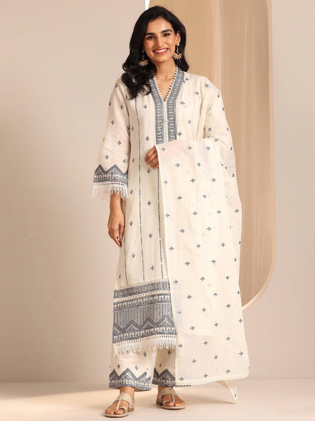 Off White Embroidered  Straight Suit Set With Dupatta