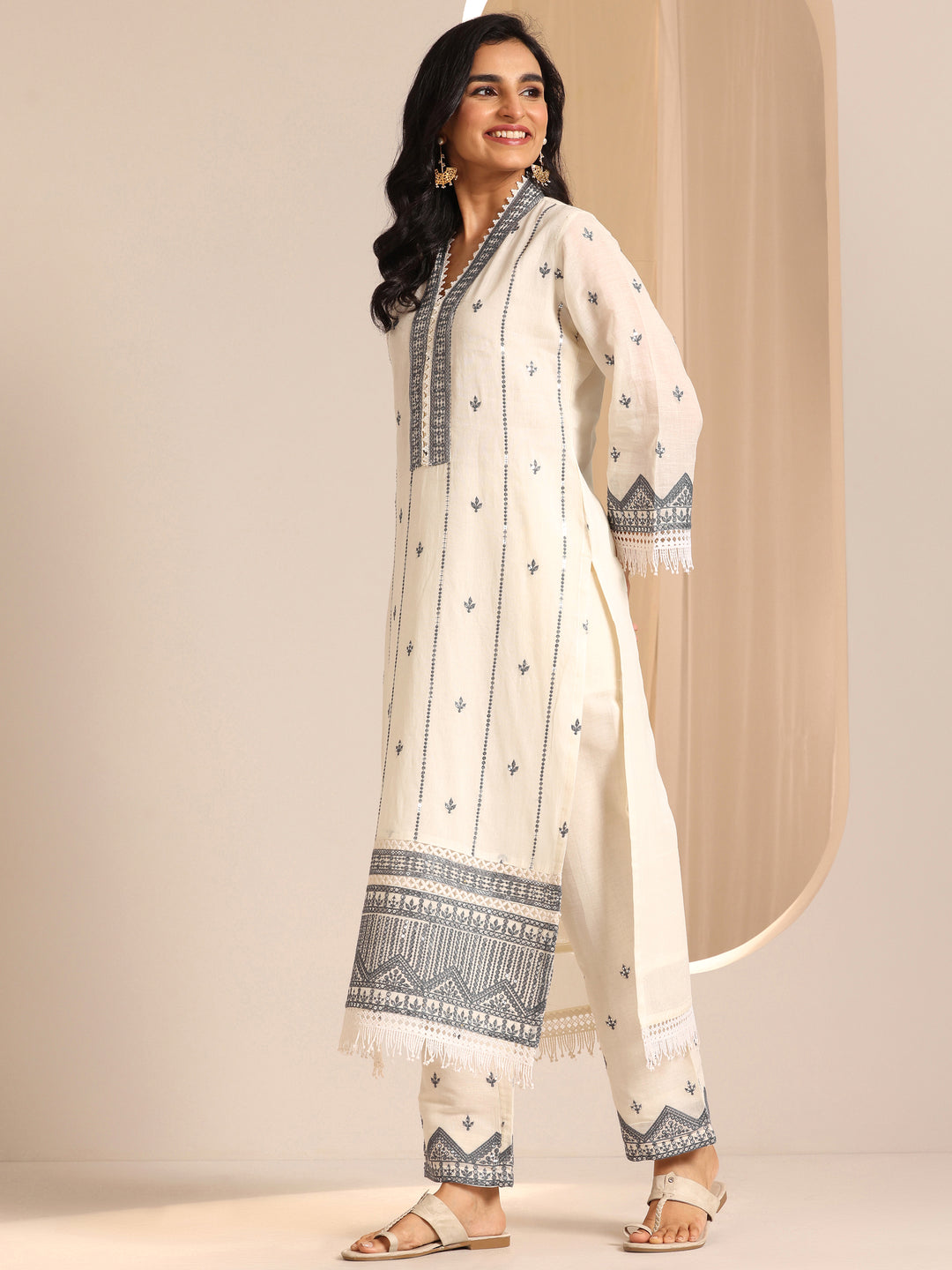 Off White Embroidered  Straight Suit Set With Dupatta