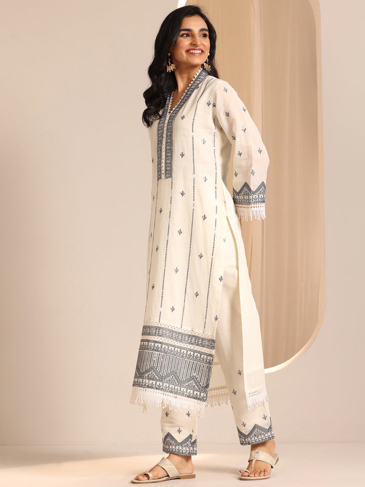 Off White Embroidered  Straight Suit Set With Dupatta