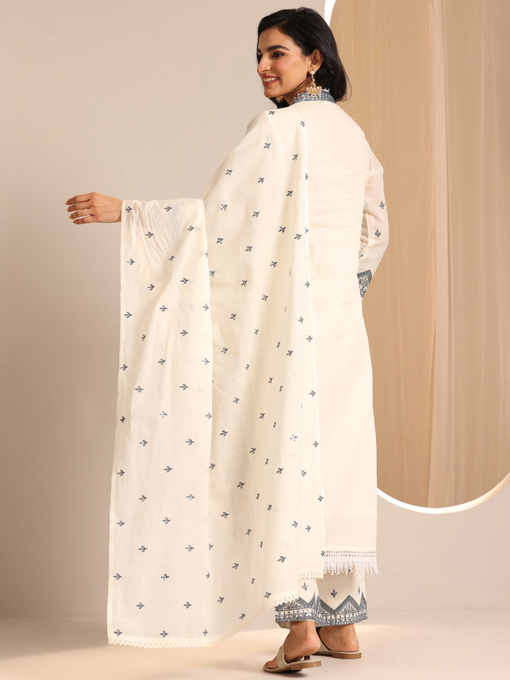Off White Embroidered  Straight Suit Set With Dupatta