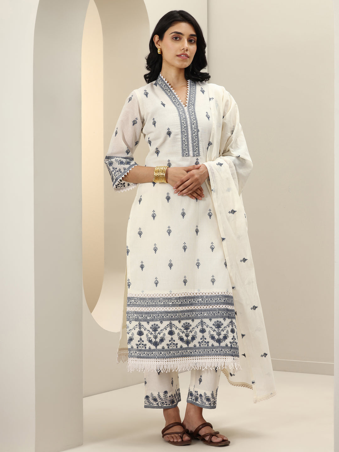Off White Embroidered Cotton Straight Suit Sets With Dupatta