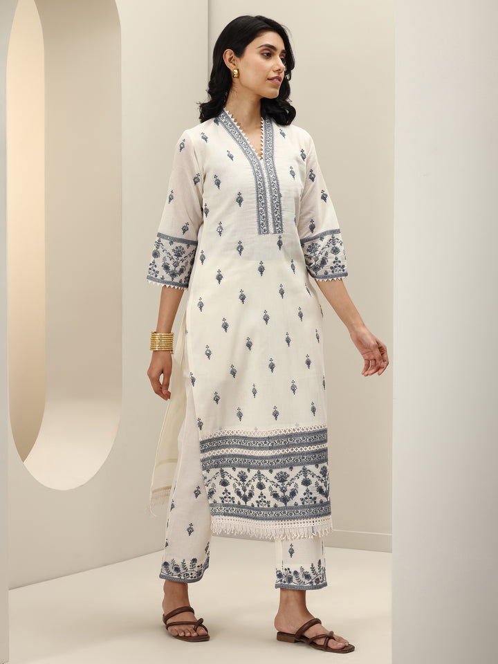 Off White Embroidered Cotton Straight Suit Sets With Dupatta