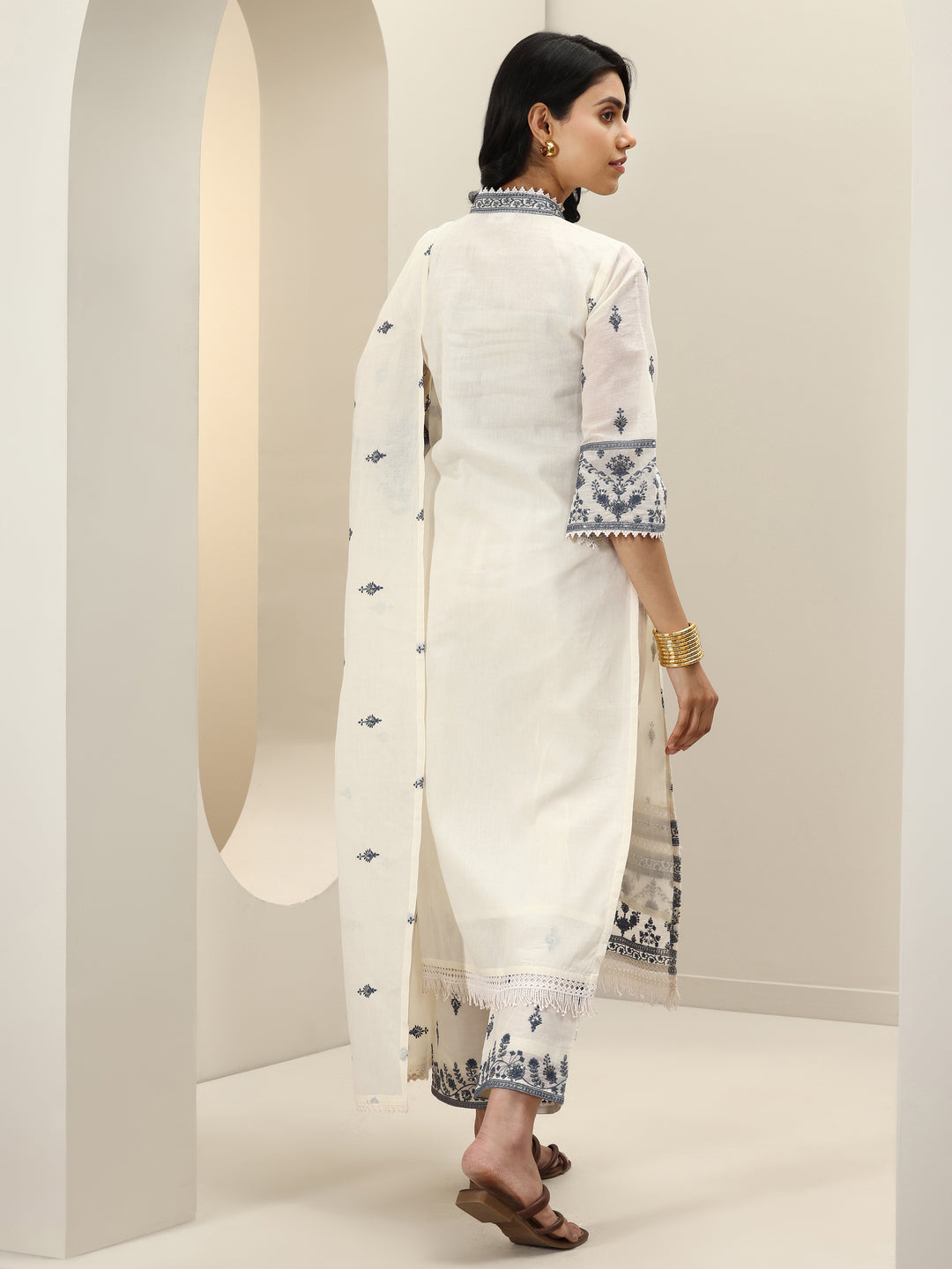 Off White Embroidered Cotton Straight Suit Sets With Dupatta