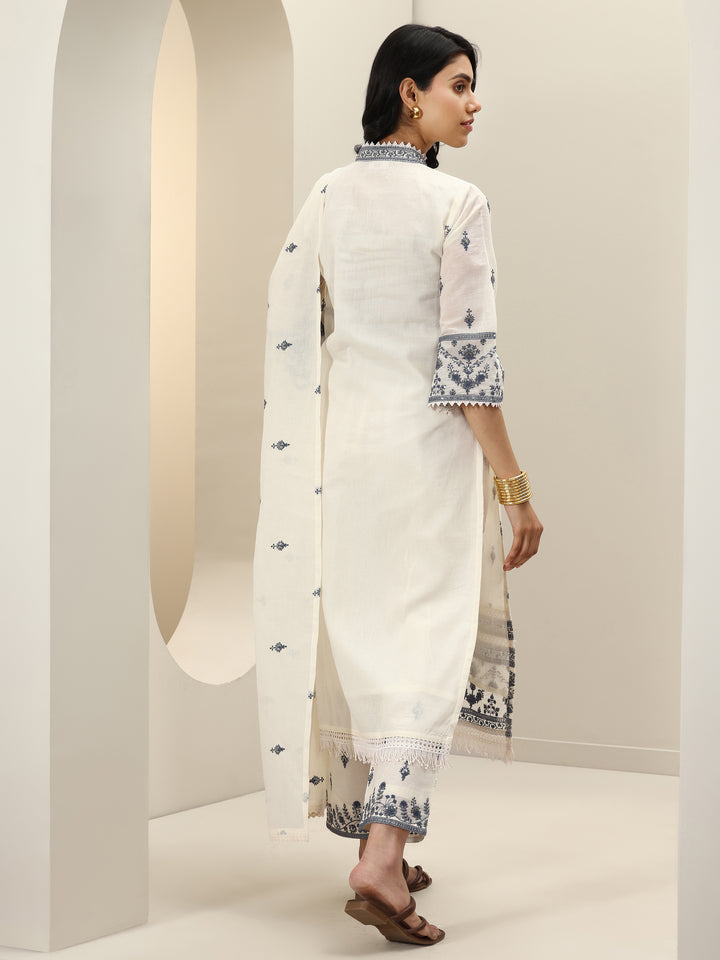 Off White Embroidered Cotton Straight Suit Sets With Dupatta