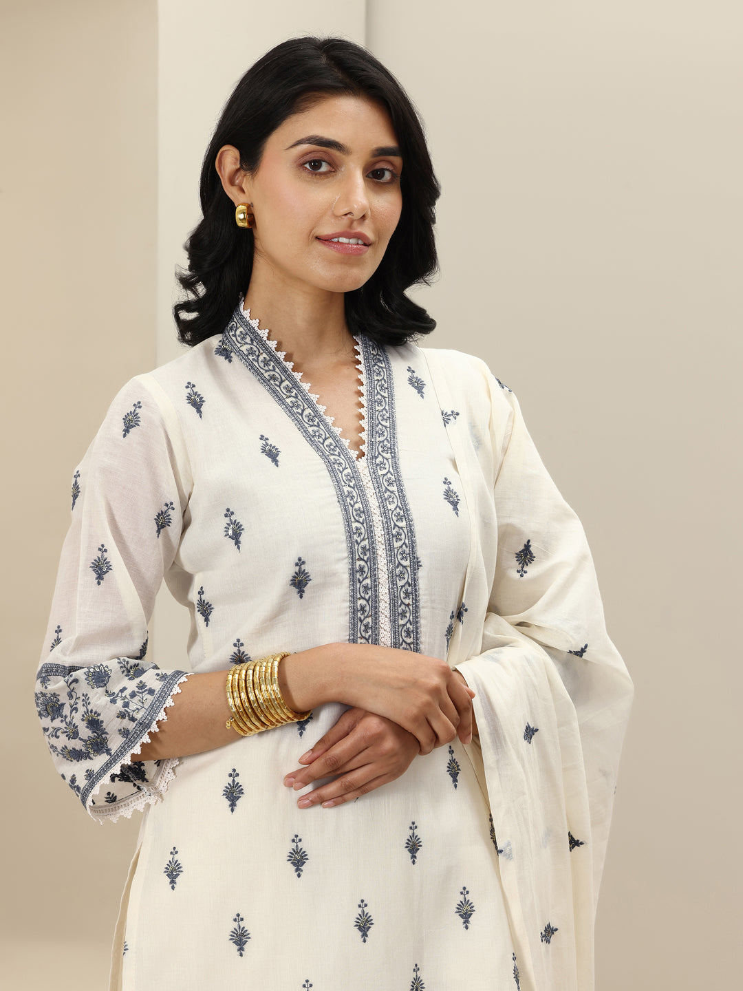 Off White Embroidered Cotton Straight Suit Sets With Dupatta