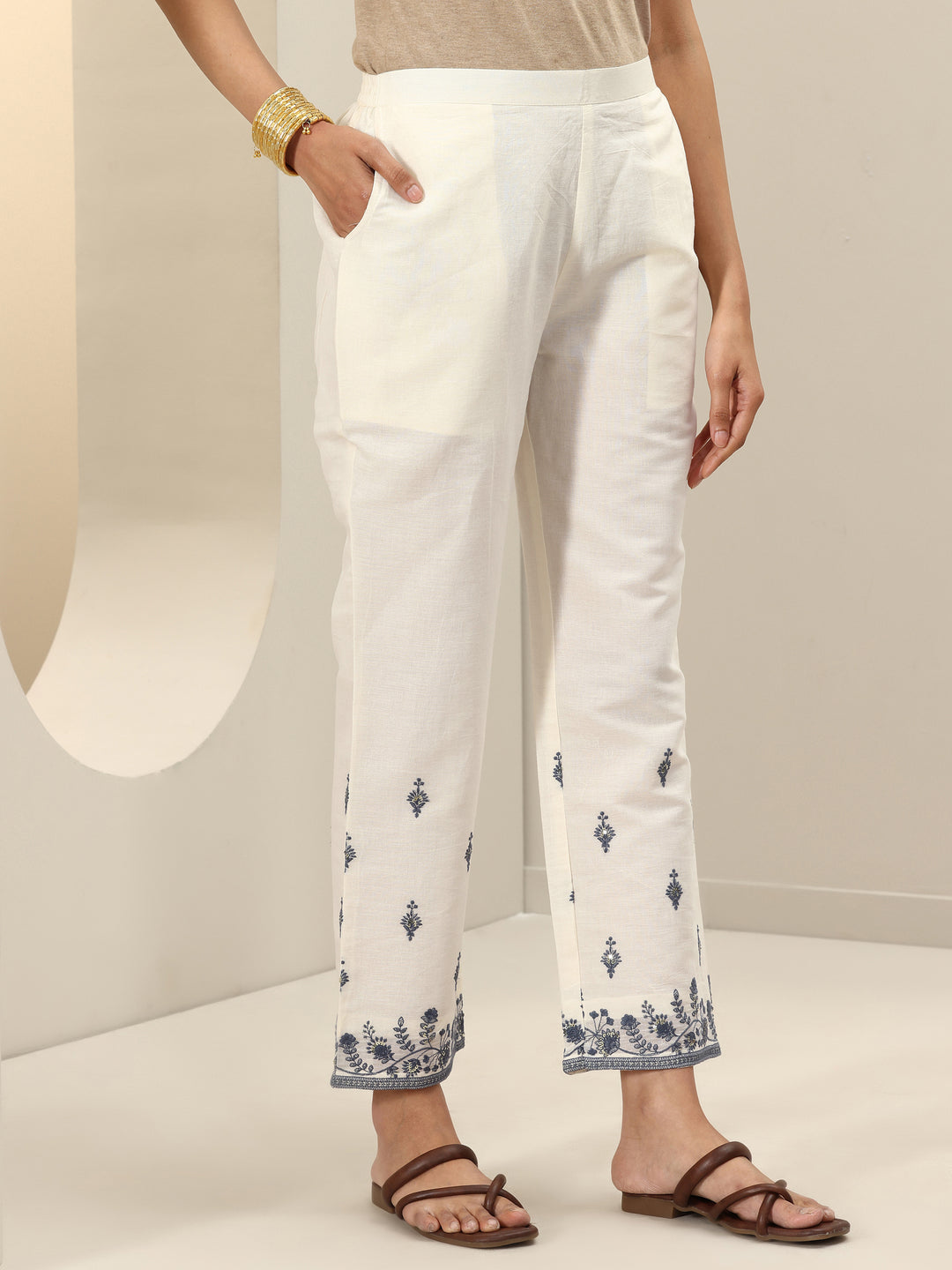 Off White Embroidered Cotton Straight Suit Sets With Dupatta