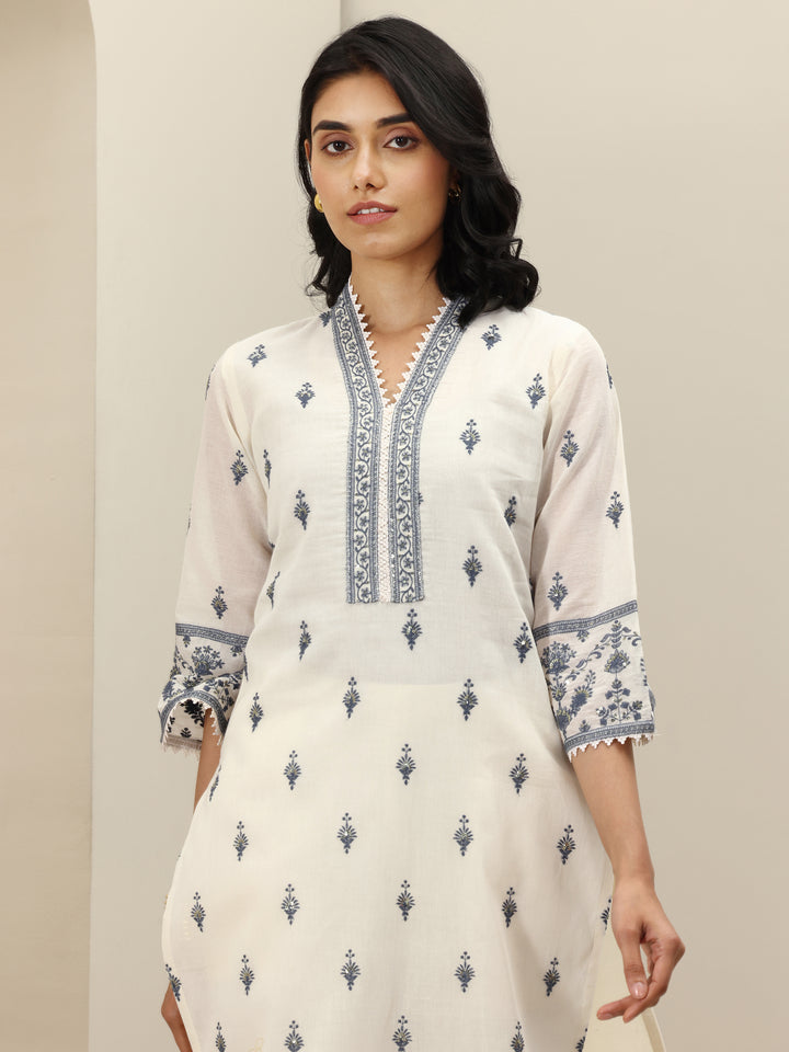 Off White Embroidered Cotton Straight Suit Sets With Dupatta