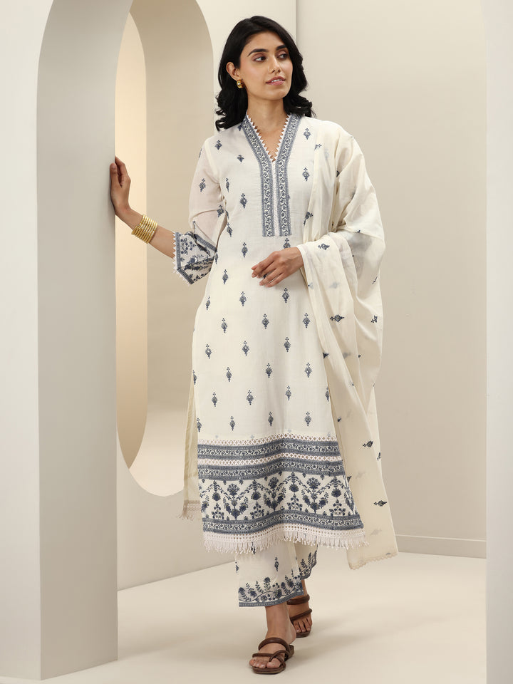 Off White Embroidered Cotton Straight Suit Sets With Dupatta