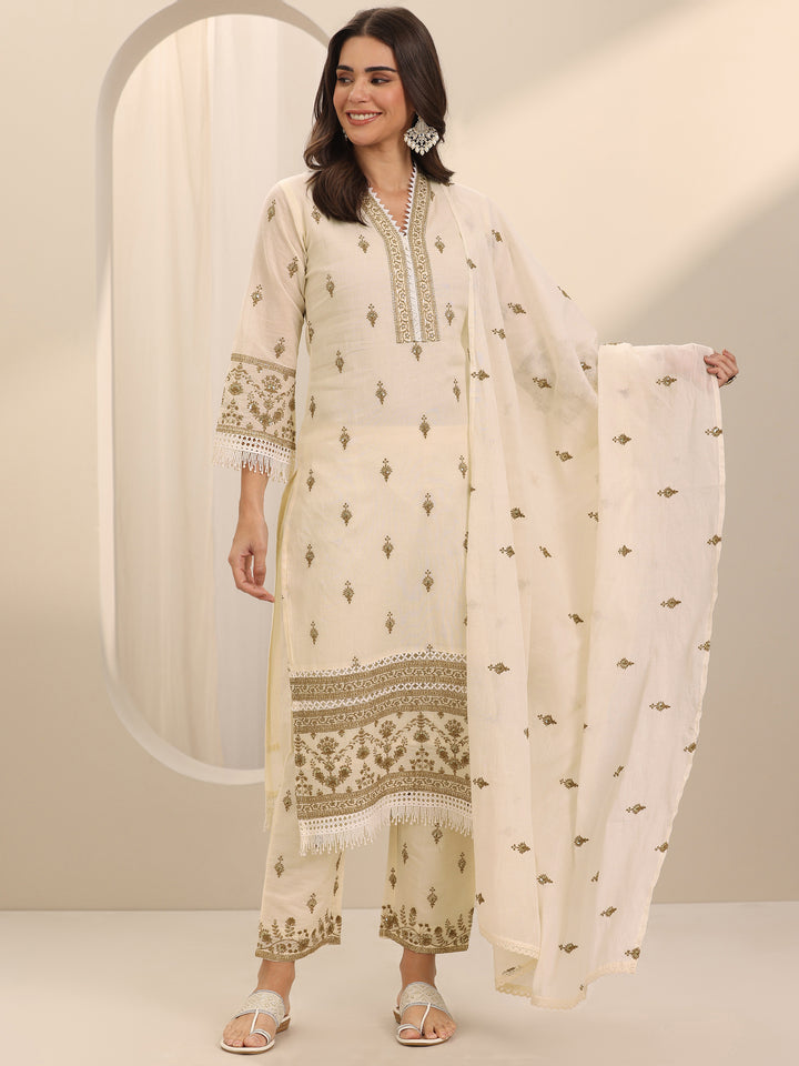 Off White Embroidered Cotton Straight Suit Set With Dupatta