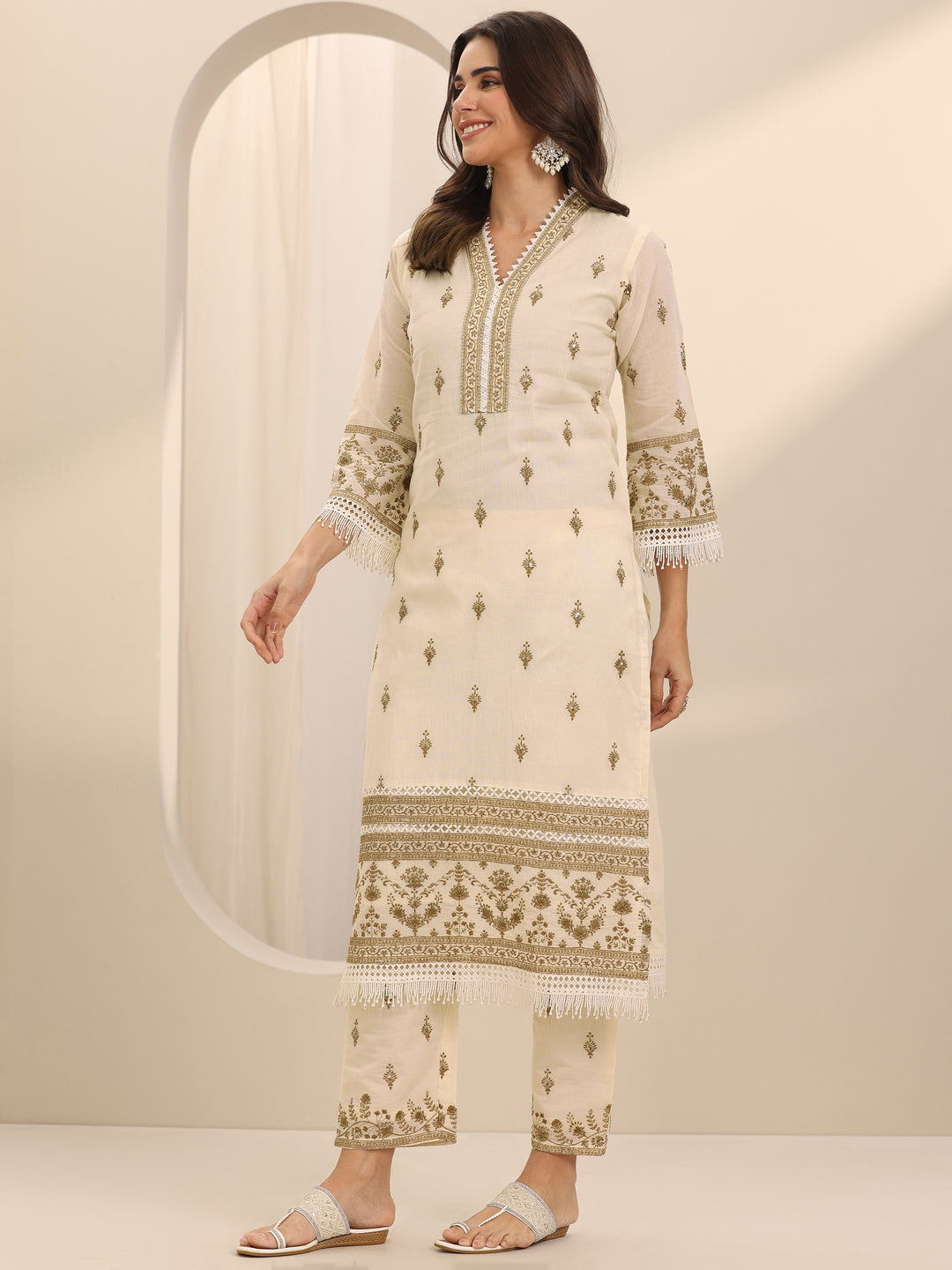 Off White Embroidered Cotton Straight Suit Set With Dupatta