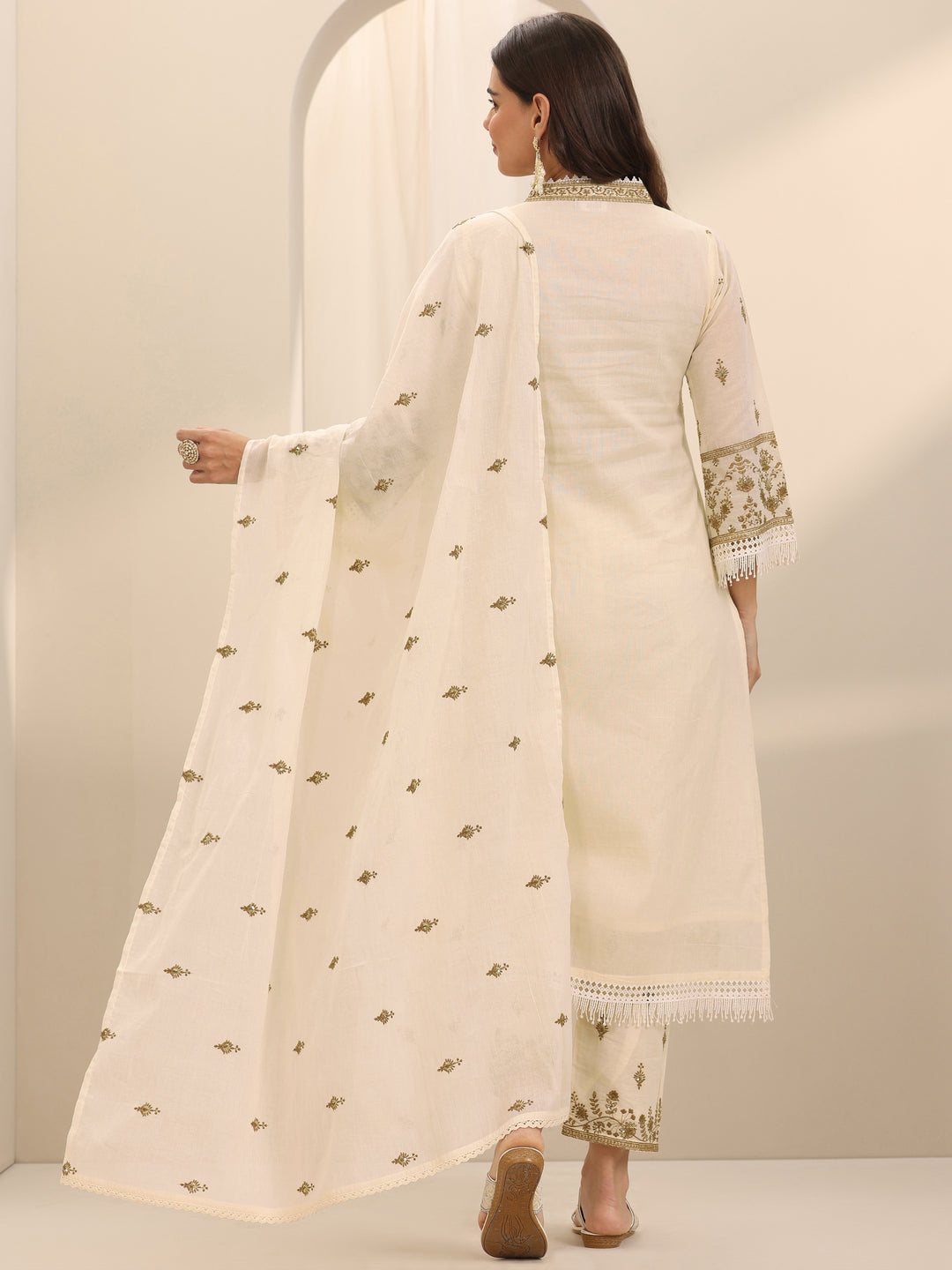 Off White Embroidered Cotton Straight Suit Set With Dupatta