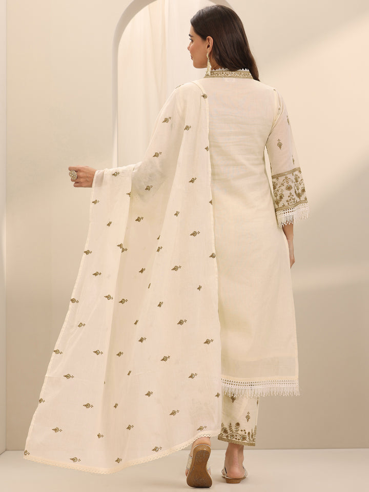 Off White Embroidered Cotton Straight Suit Set With Dupatta