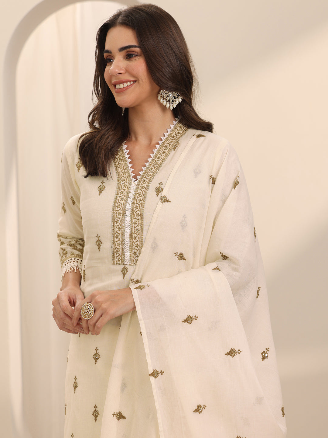 Off White Embroidered Cotton Straight Suit Set With Dupatta