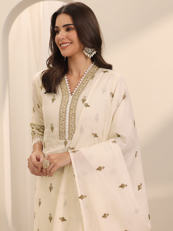 Off White Embroidered Cotton Straight Suit Set With Dupatta