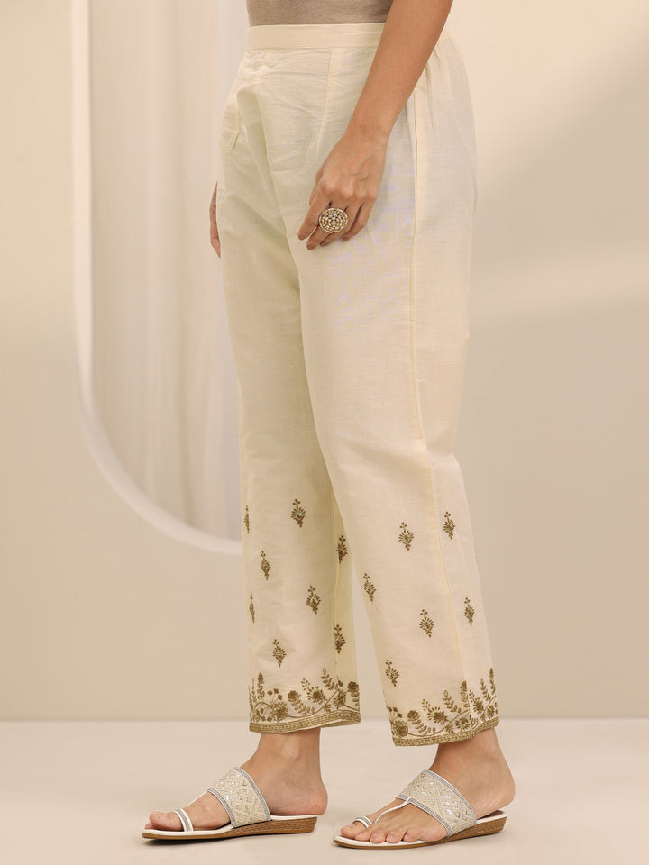 Off White Embroidered Cotton Straight Suit Set With Dupatta