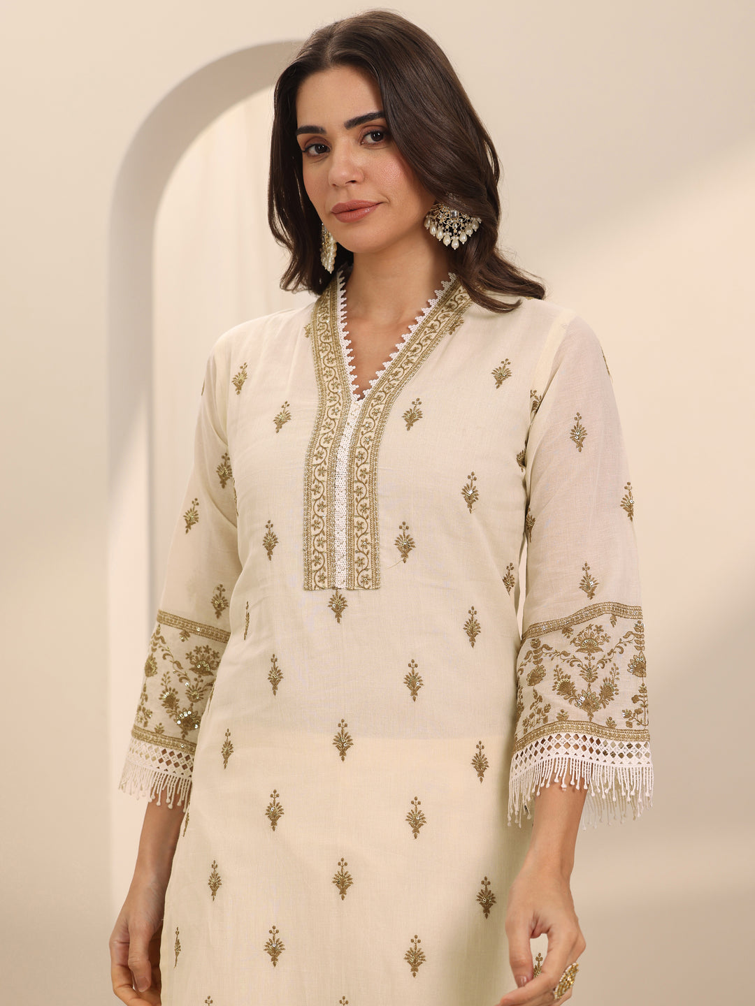 Off White Embroidered Cotton Straight Suit Set With Dupatta