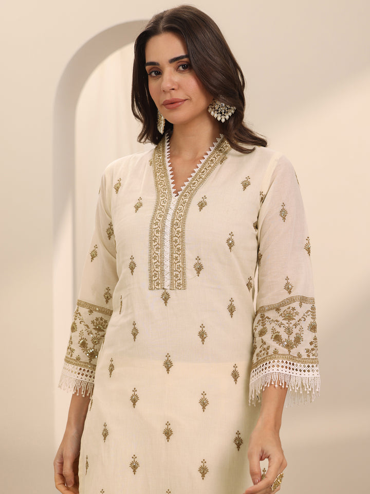 Off White Embroidered Cotton Straight Suit Set With Dupatta