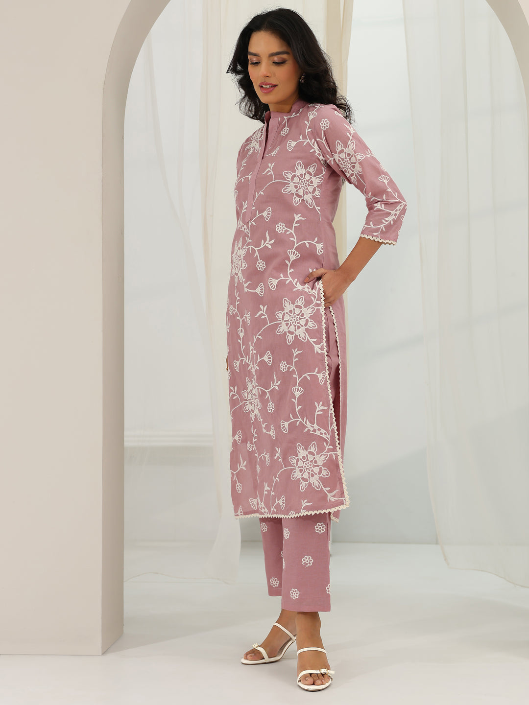 Pink Embroidered Cotton Straight Suit Set With Dupatta