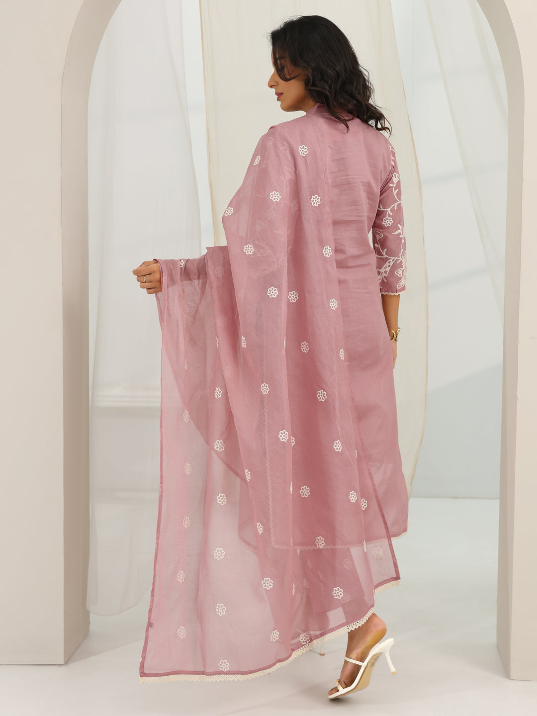 Pink Embroidered Cotton Straight Suit Set With Dupatta