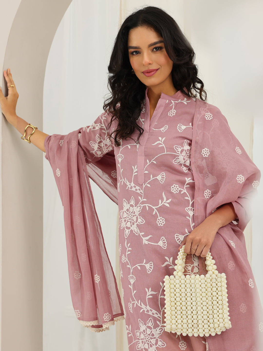 Pink Embroidered Cotton Straight Suit Set With Dupatta