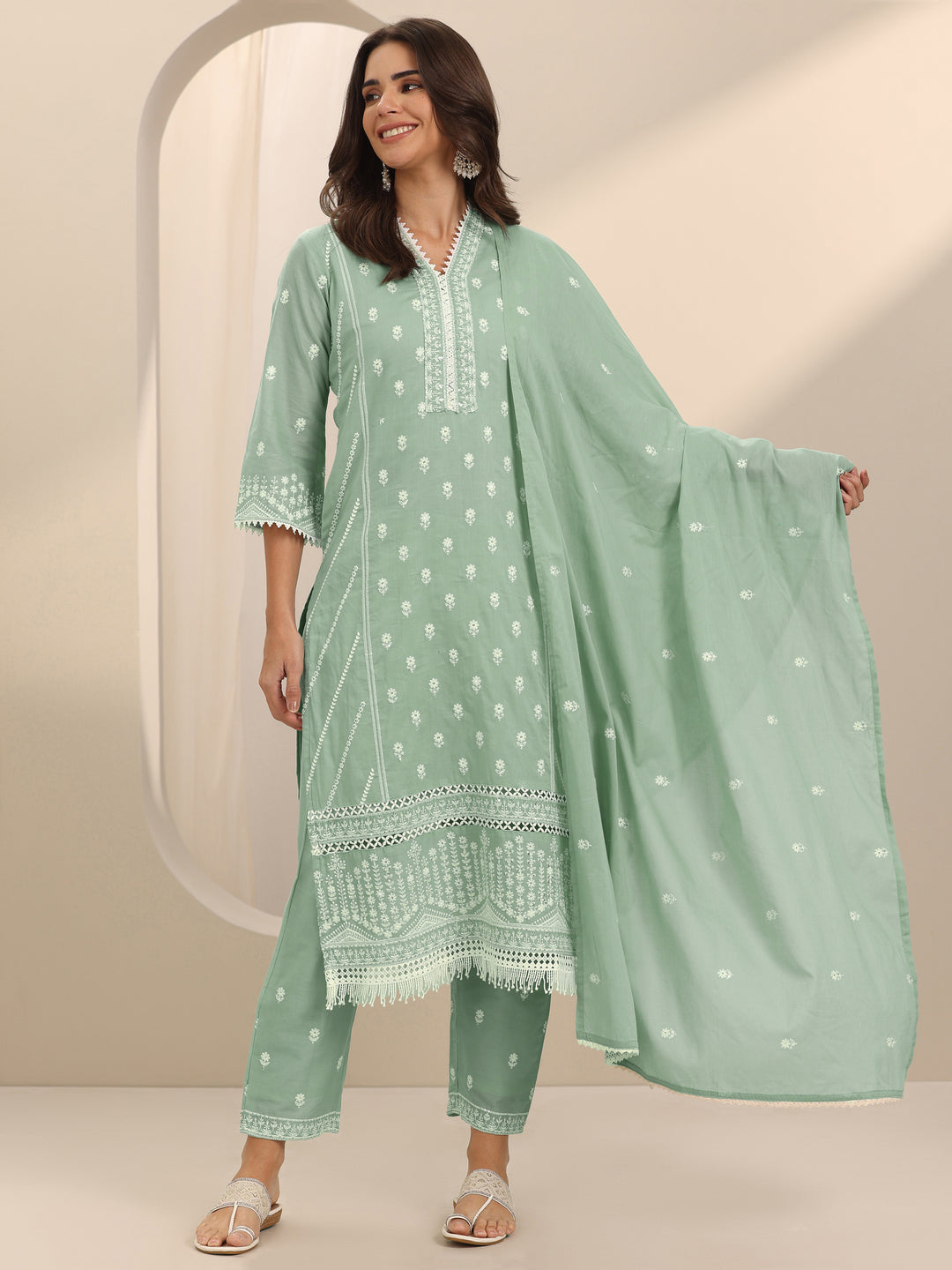 Green Embroidered Cotton Straight Suit Set With Dupatta