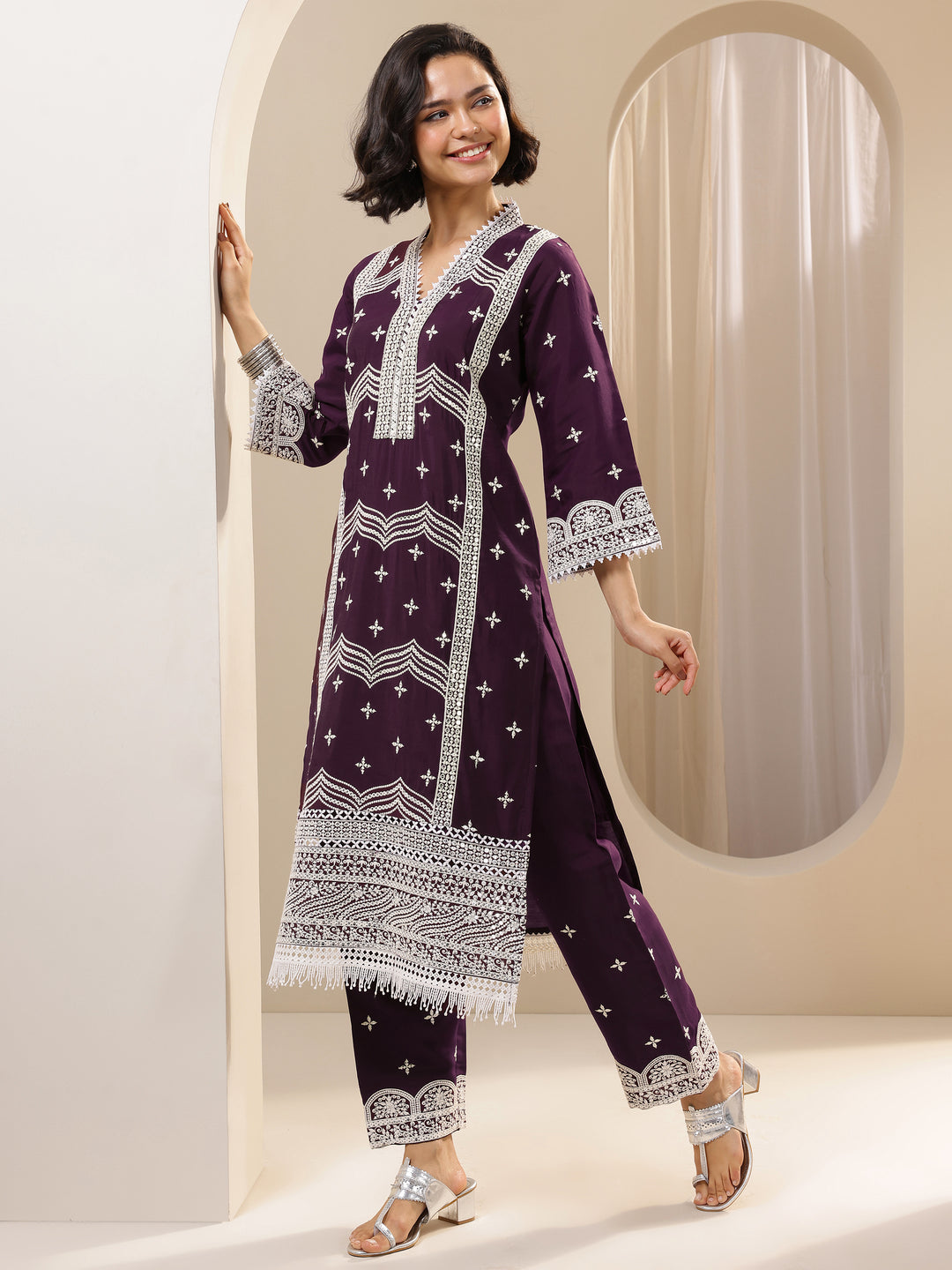 Burgundy Embroidered Silk Blend Straight Suit Sets With Dupatta