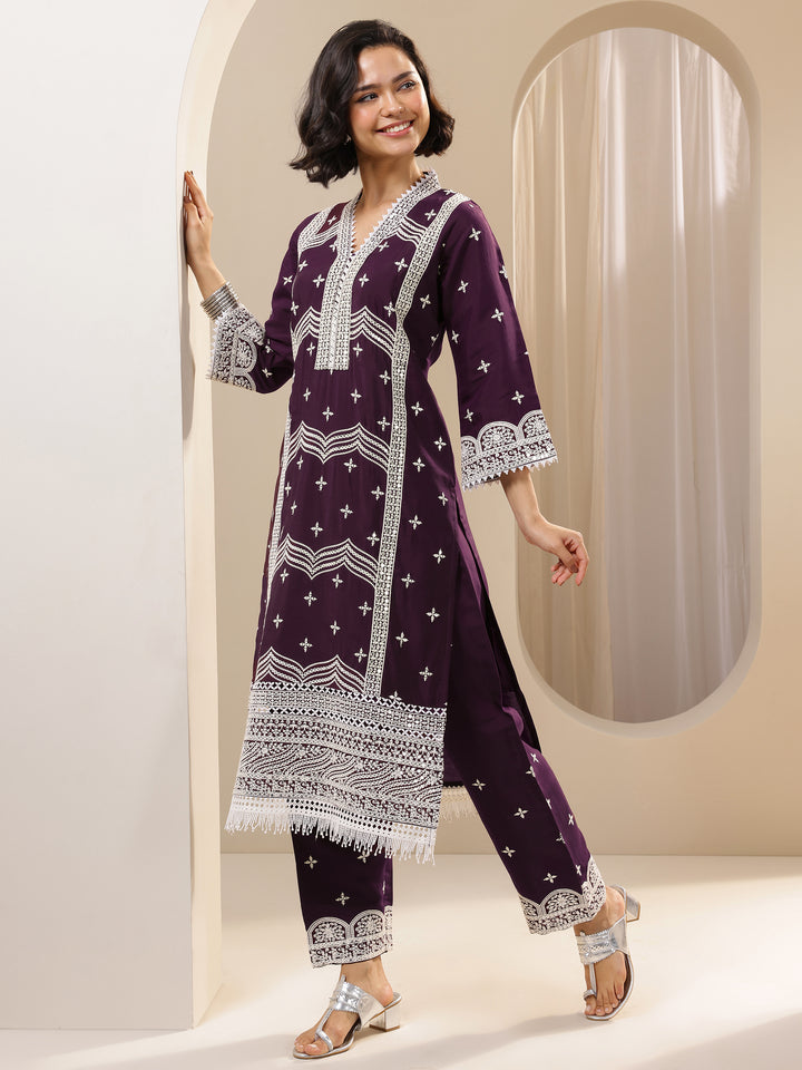 Burgundy Embroidered Silk Blend Straight Suit Sets With Dupatta