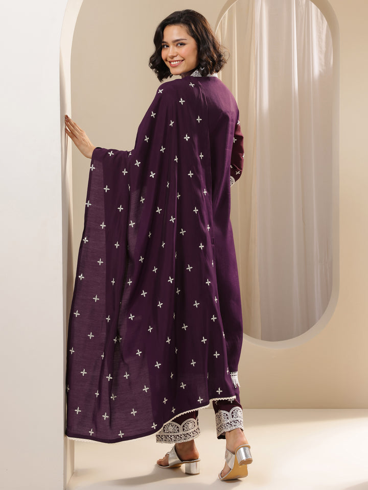 Burgundy Embroidered Silk Blend Straight Suit Sets With Dupatta
