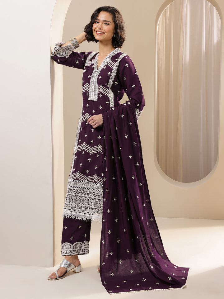 Burgundy Embroidered Silk Blend Straight Suit Sets With Dupatta