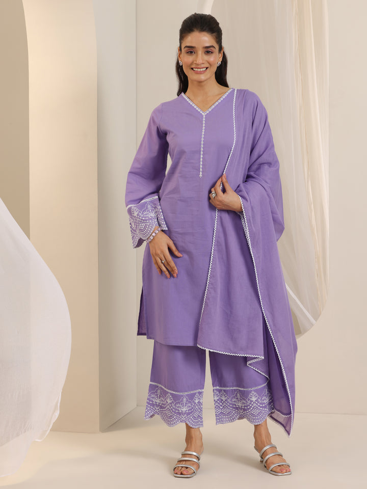 Purple Solid Cotton Straight Suit Set With Dupatta