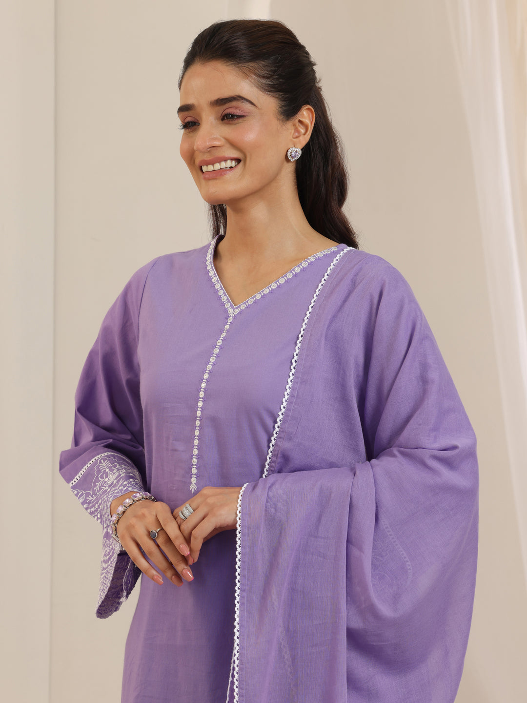 Purple Solid Cotton Straight Suit Set With Dupatta