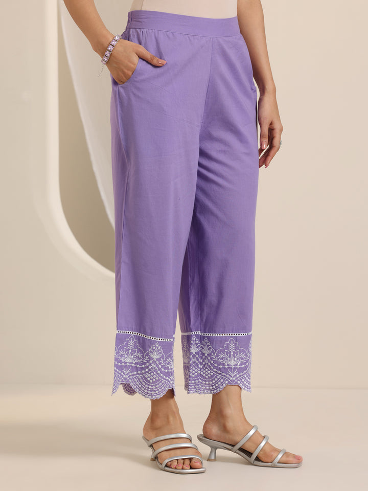 Purple Solid Cotton Straight Suit Set With Dupatta