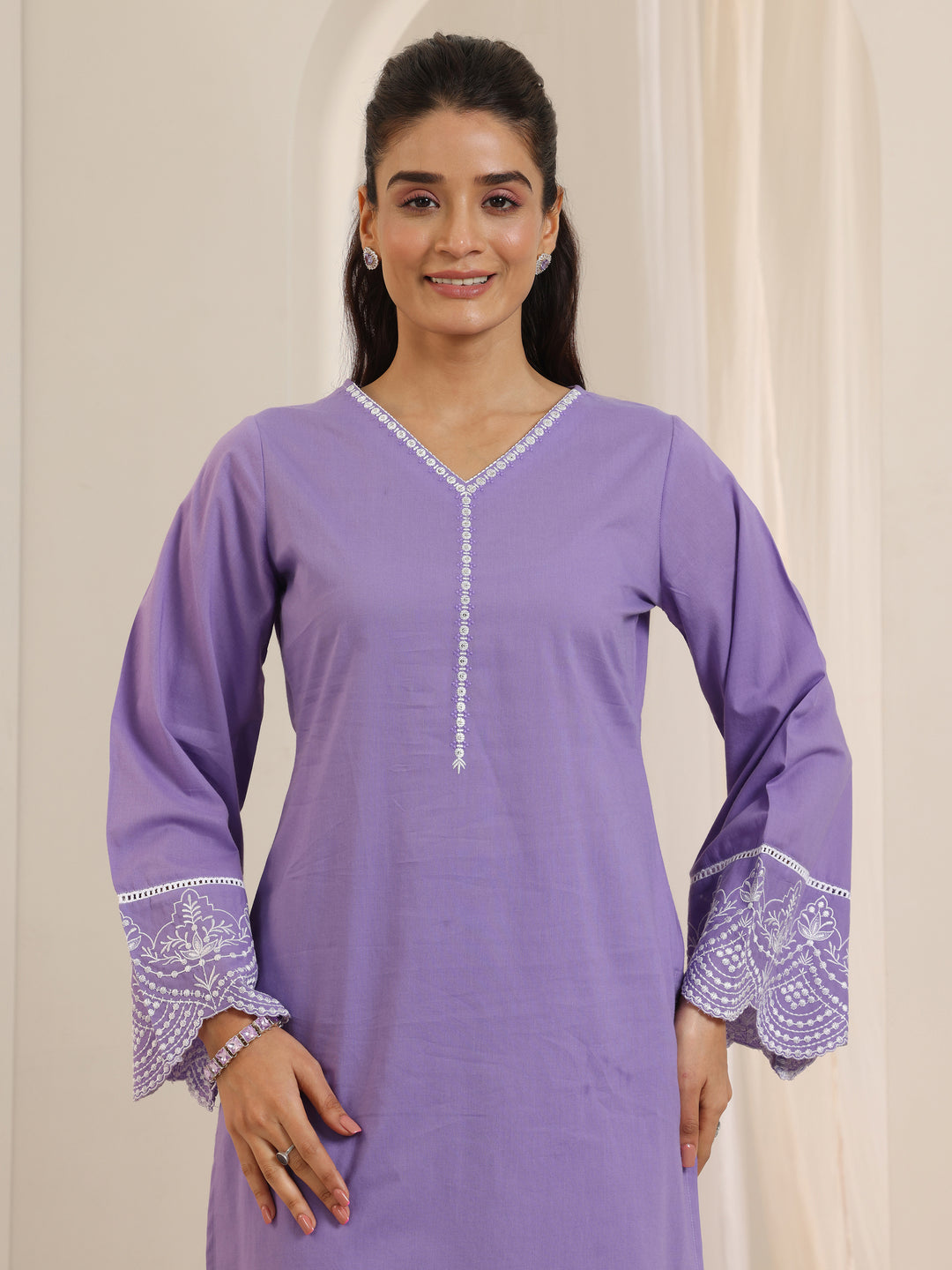 Purple Solid Cotton Straight Suit Set With Dupatta