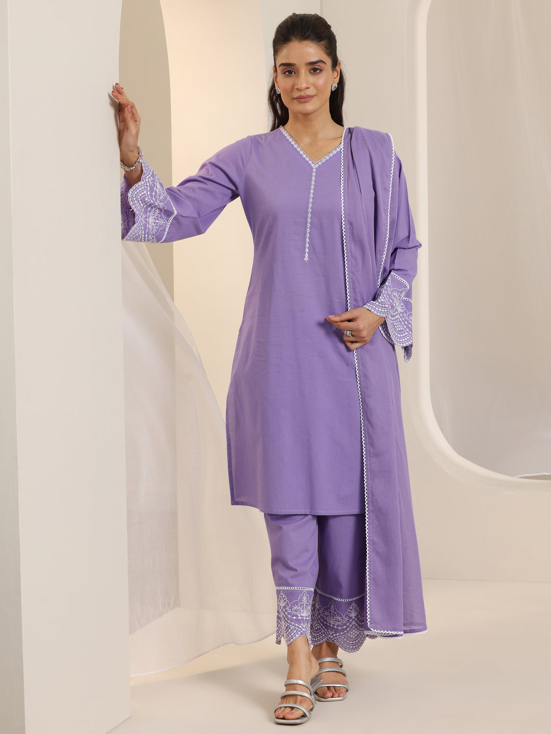 Purple Solid Cotton Straight Suit Set With Dupatta