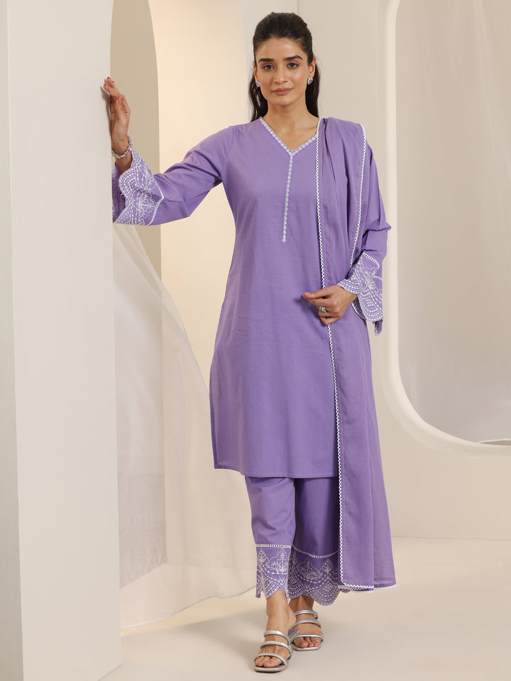 Purple Solid Cotton Straight Suit Set With Dupatta