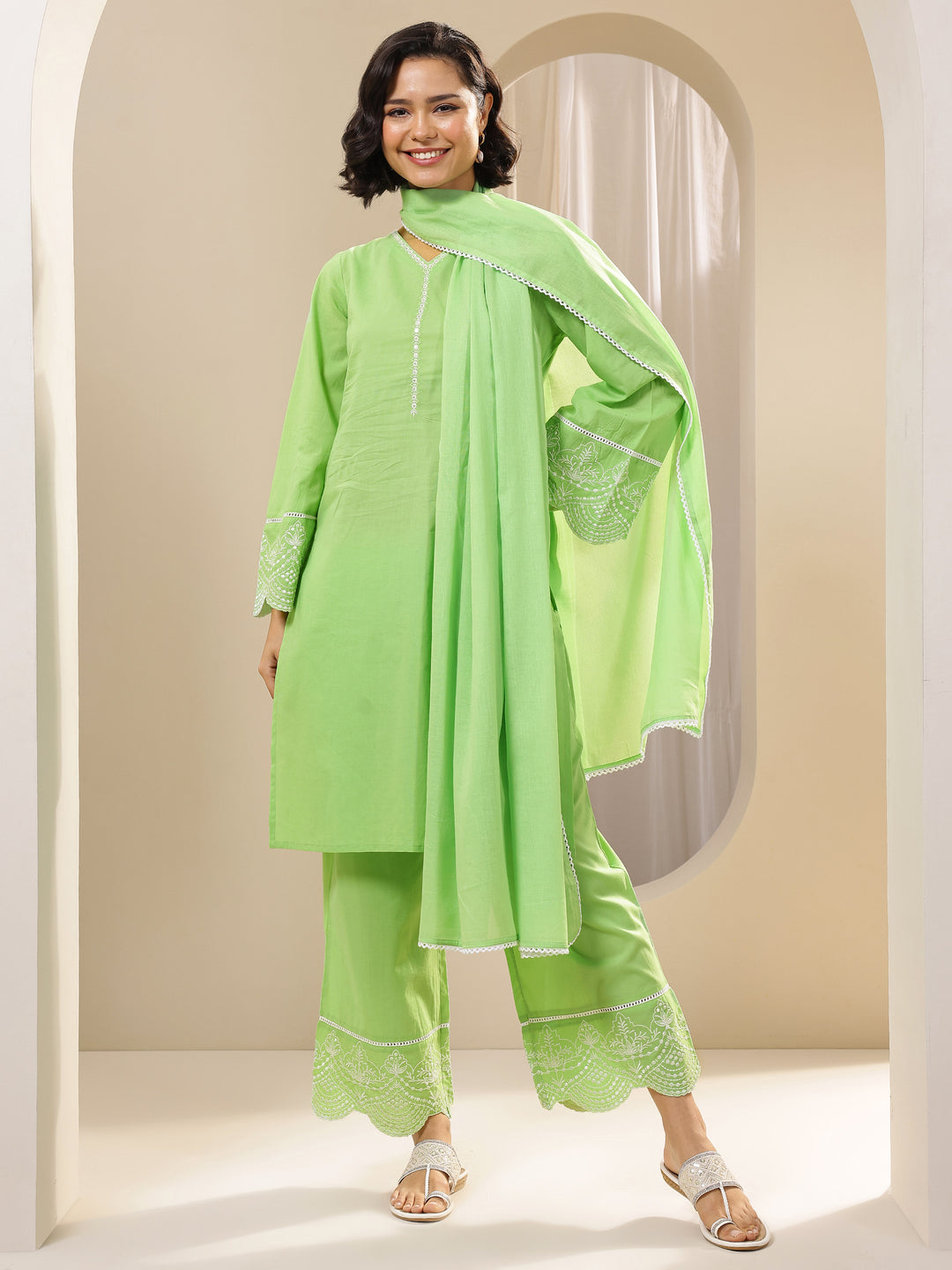 Green Solid Cotton Straight Suit Sets With Dupatta
