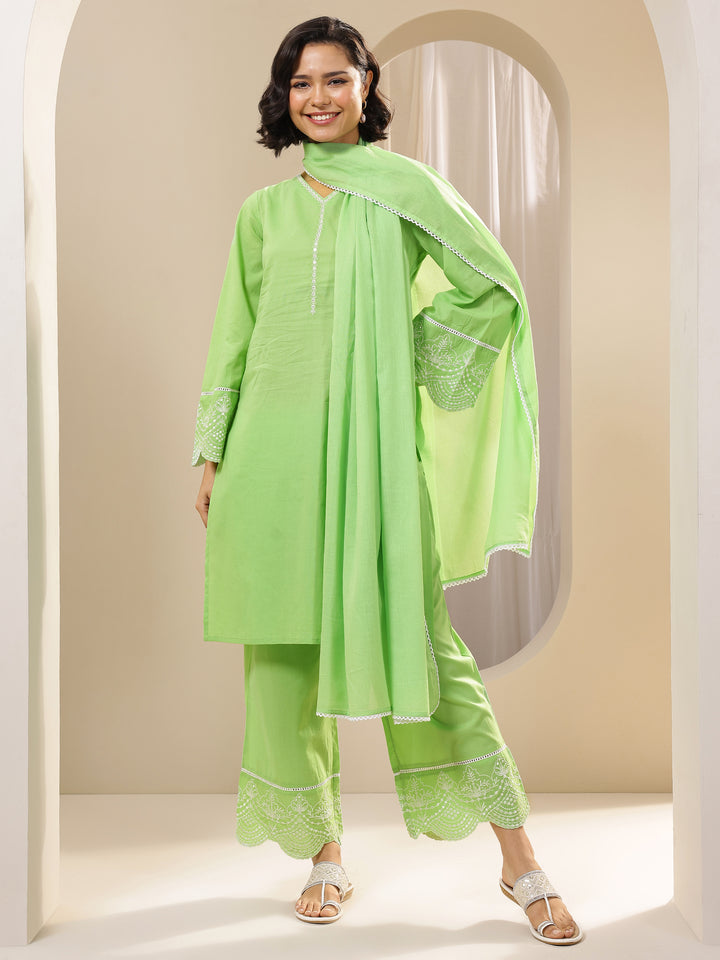 Green Solid Cotton Straight Suit Sets With Dupatta
