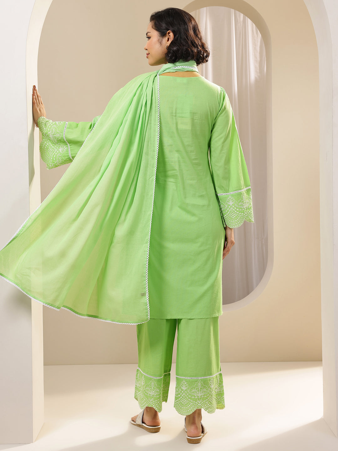 Green Solid Cotton Straight Suit Sets With Dupatta