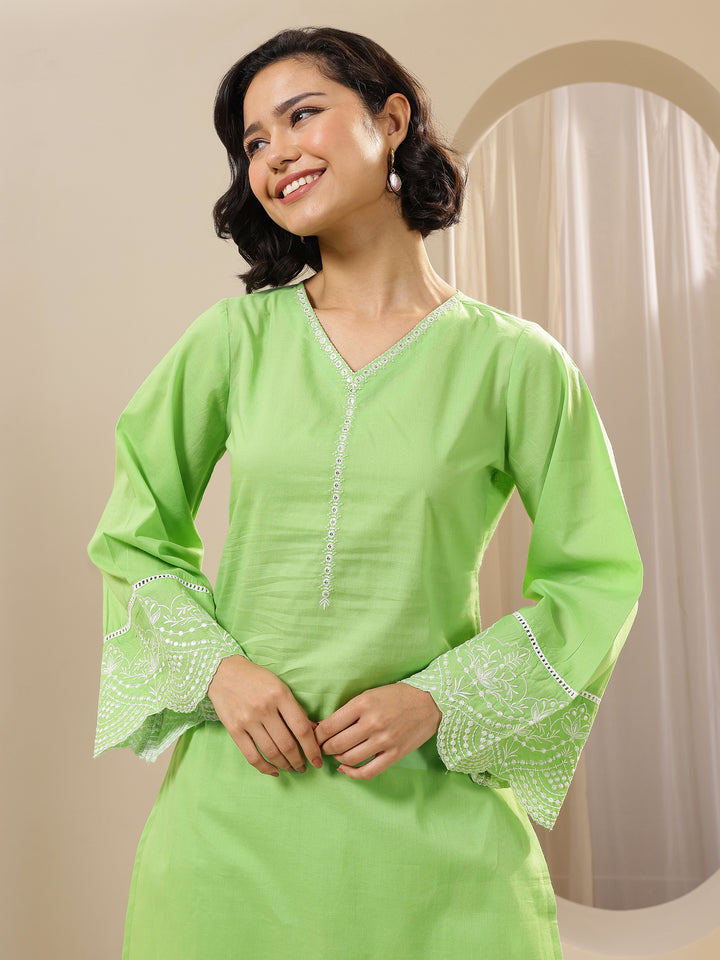 Green Solid Cotton Straight Suit Sets With Dupatta