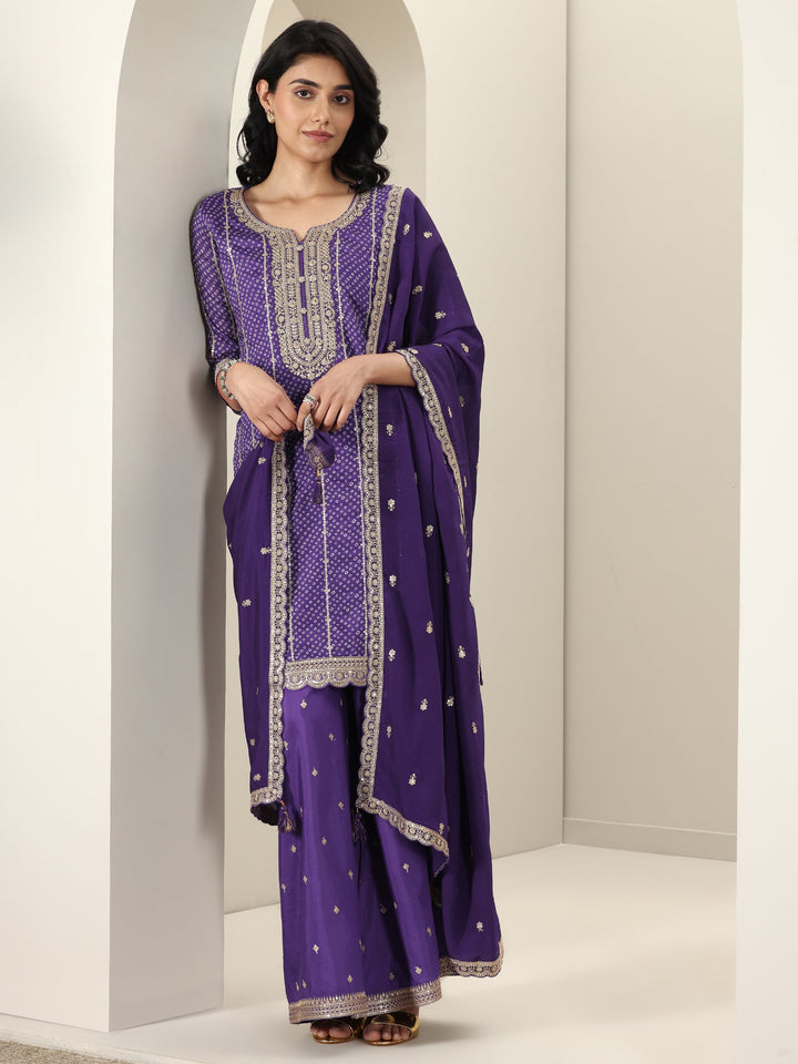 Purple Printed Silk Blend Straight Suit Sets With Dupatta