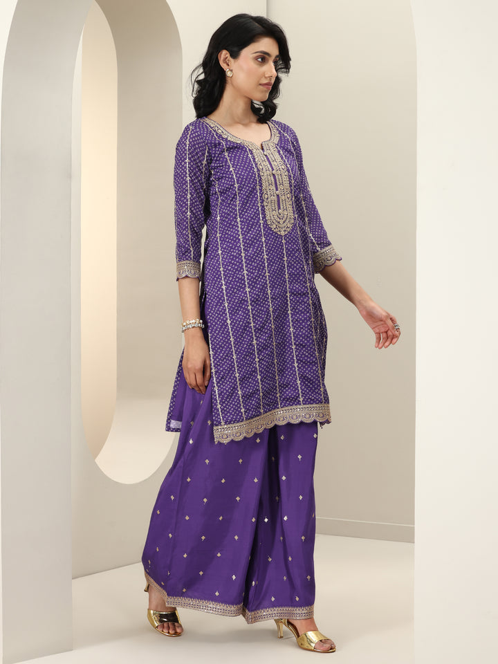 Purple Printed Silk Blend Straight Suit Sets With Dupatta