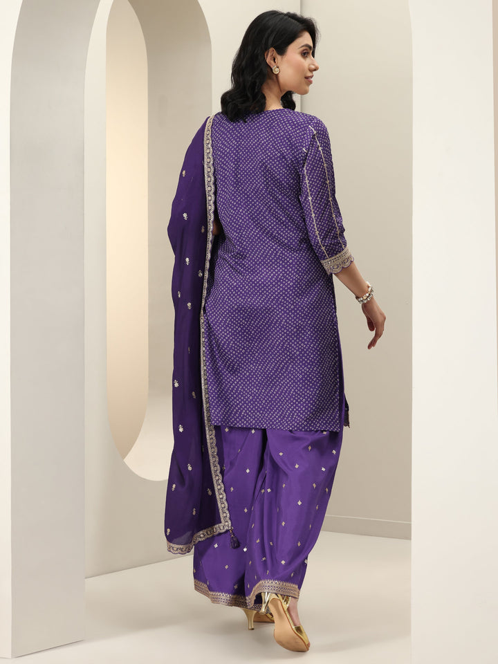 Purple Printed Silk Blend Straight Suit Sets With Dupatta