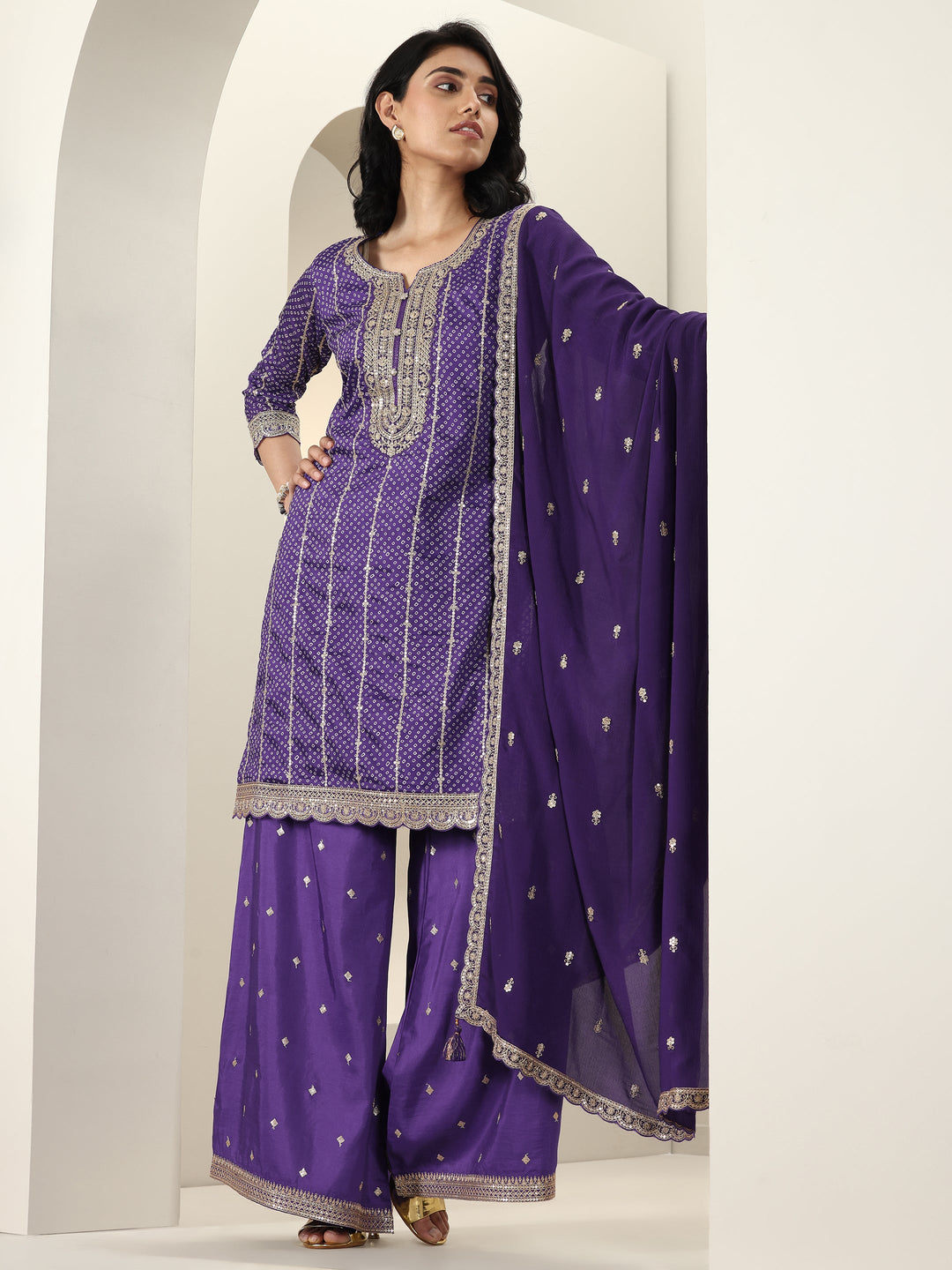 Purple Printed Silk Blend Straight Suit Sets With Dupatta